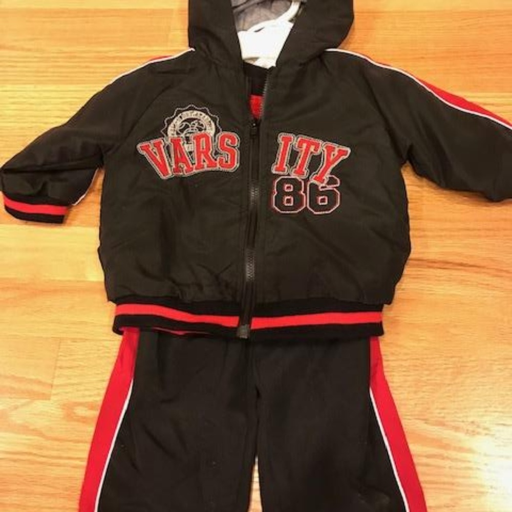 NEW HOODED VARSITY JACKET, SHIRT & PANTS - 12 MTHS